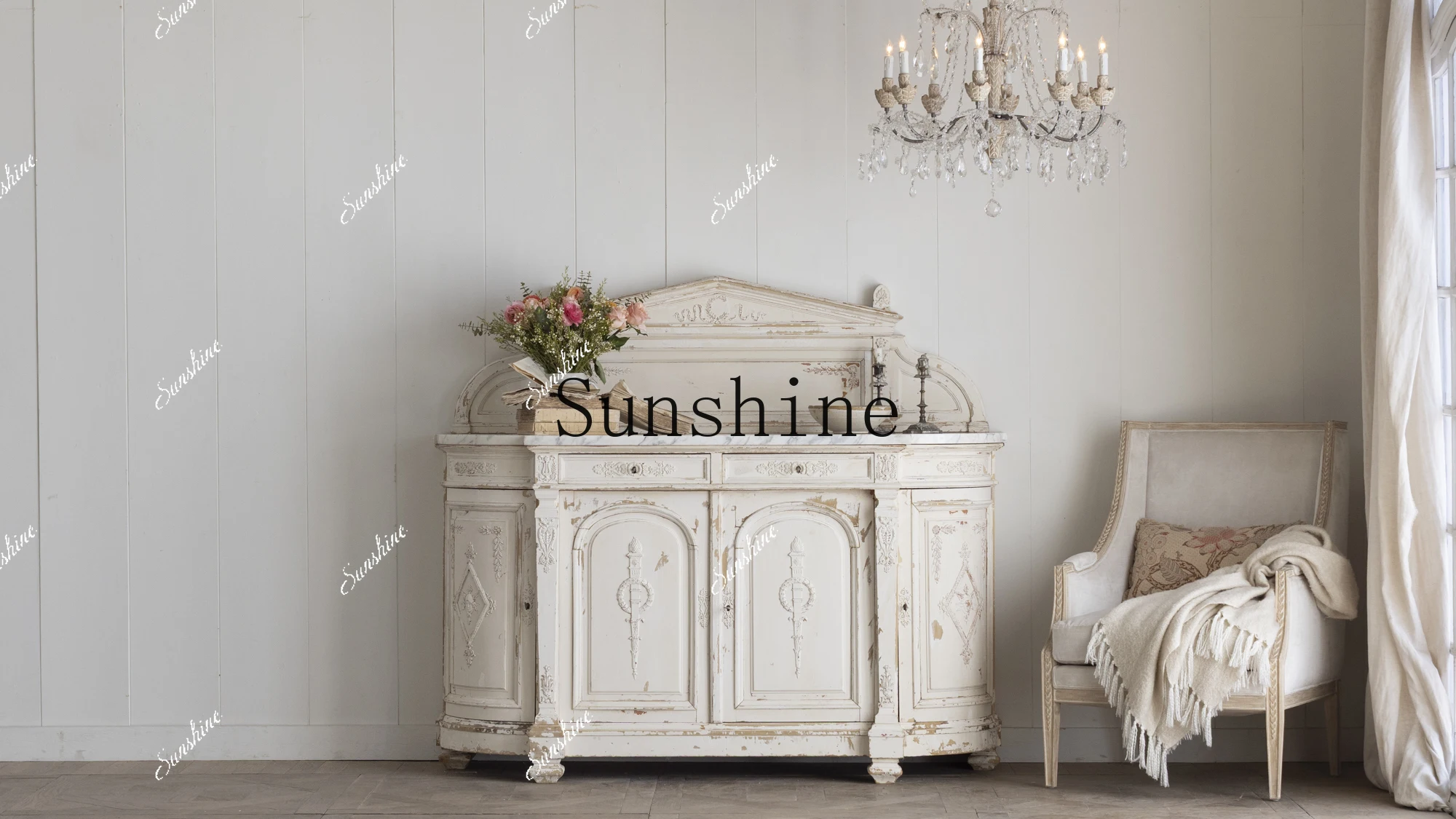 French retro solid wood old carved dining side cabinet marble countertop living room decorative cabinet  FT