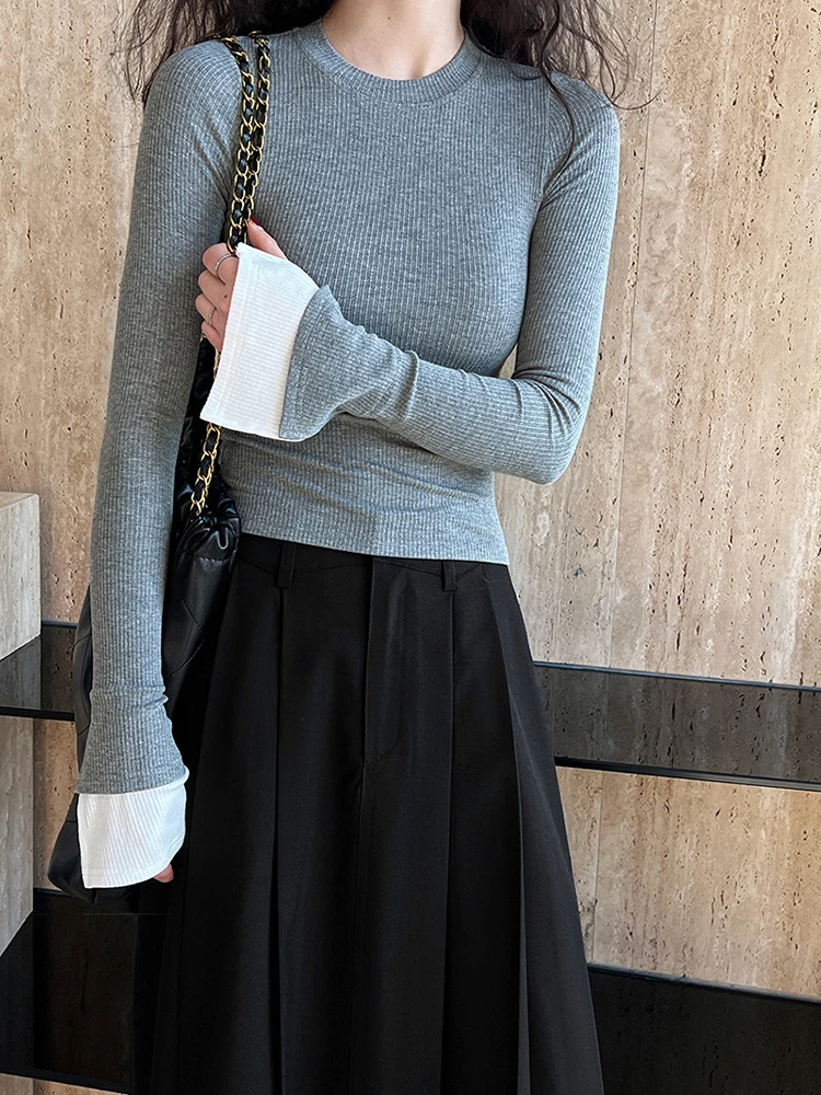 [EAM] Women Gray Cuff Color-block Knitting Elegant T-shirt New Round Neck Long Sleeve Fashion Tide Spring Autumn 2024 1DH4989