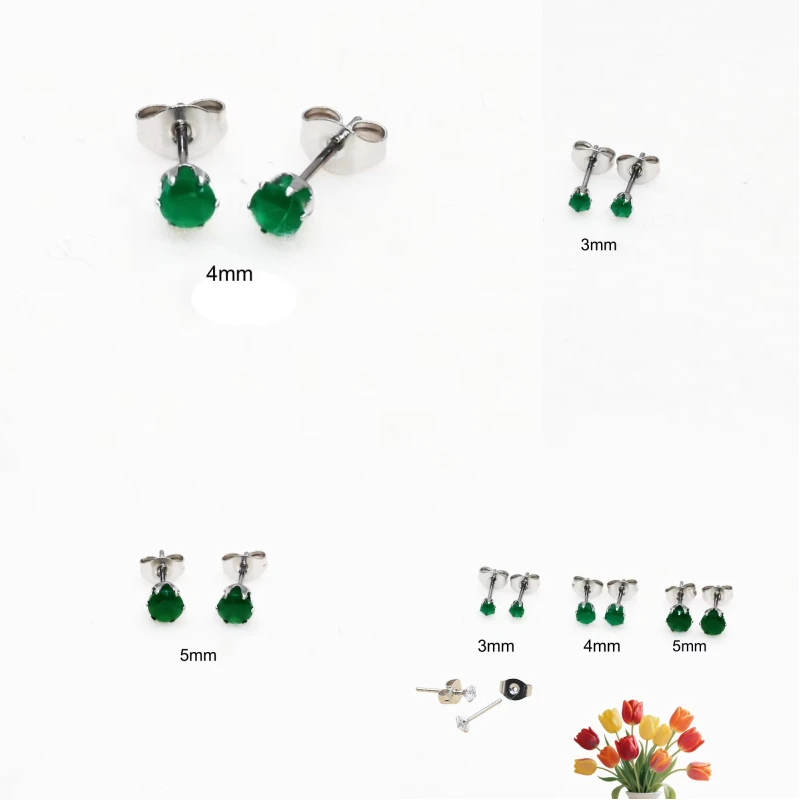 Mini Vintage Green Glass Stud Earrings with Stainless Steel Push up Clasp for Men And Women 3MM 4MM 5MM Sizes Available