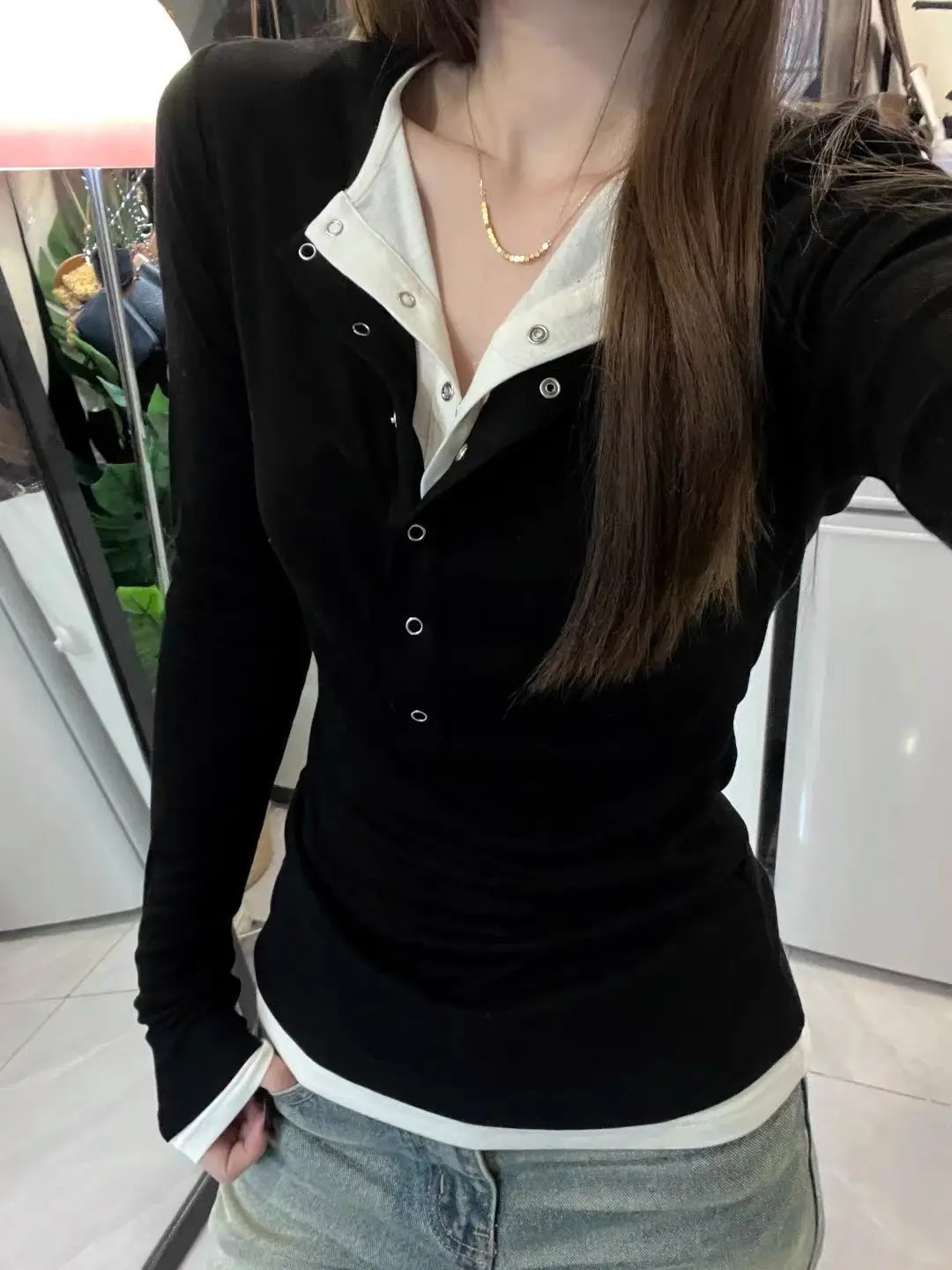 HOUZHOU Women Fake Two‑Piece Long Sleeve Top Snap Button Henley Collar Slim Layered Look Tee Y2K Casual Streetwear Basic T‑Shirt