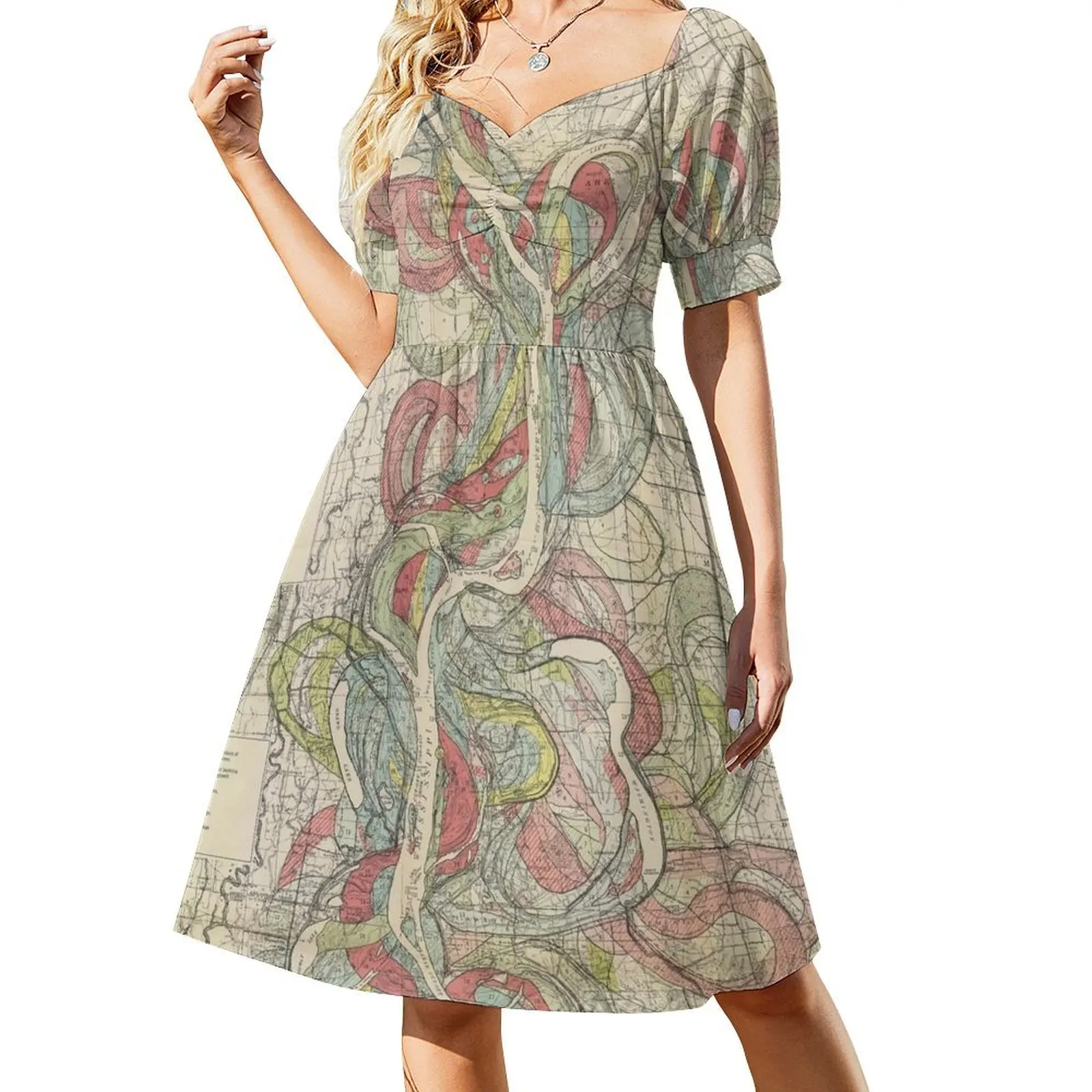 

Harold Fisk, 1944 - Ancient Courses: Mississippi River Meander Belt, Plate 22 Sheet 9 Short-Sleeved Dress Women's summer suit