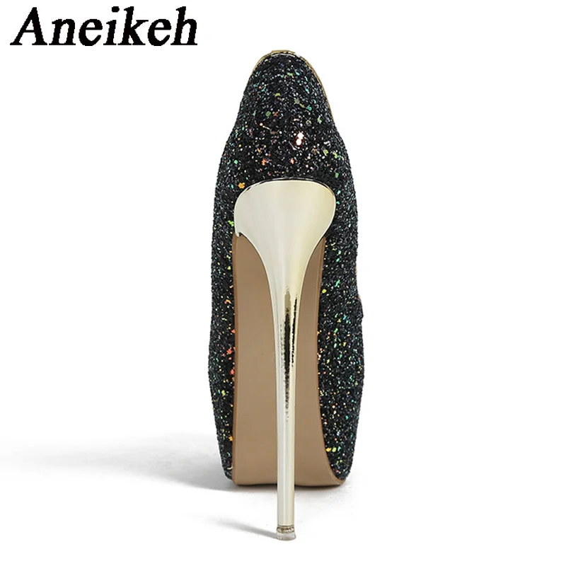 Aneikeh 2024 Fashion Sexy Platform Peep Toe Thin Heels Pumps Women Sequined Cloth Super High Heels Party Nightclub Zapatos Mules