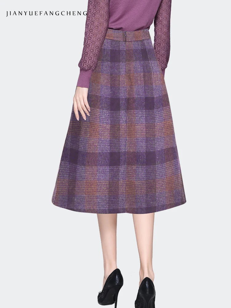 Women Autumn Wool-like Knitted Purple Plaid Skirt High Waist A-Line Pleated Mid-length Skirts With Pockets Fashion Casual Bottom