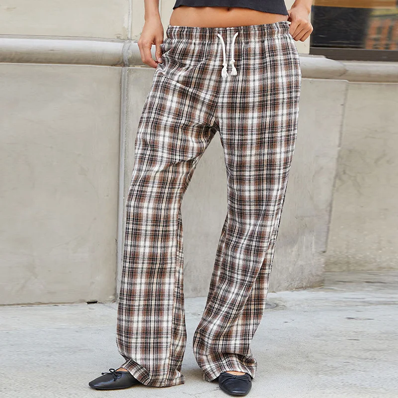 

2025Retro Lace up Loose Plaid Casual Pants Hot Girl Street Elastic Low Waist All-Match Slimming Straight Pants