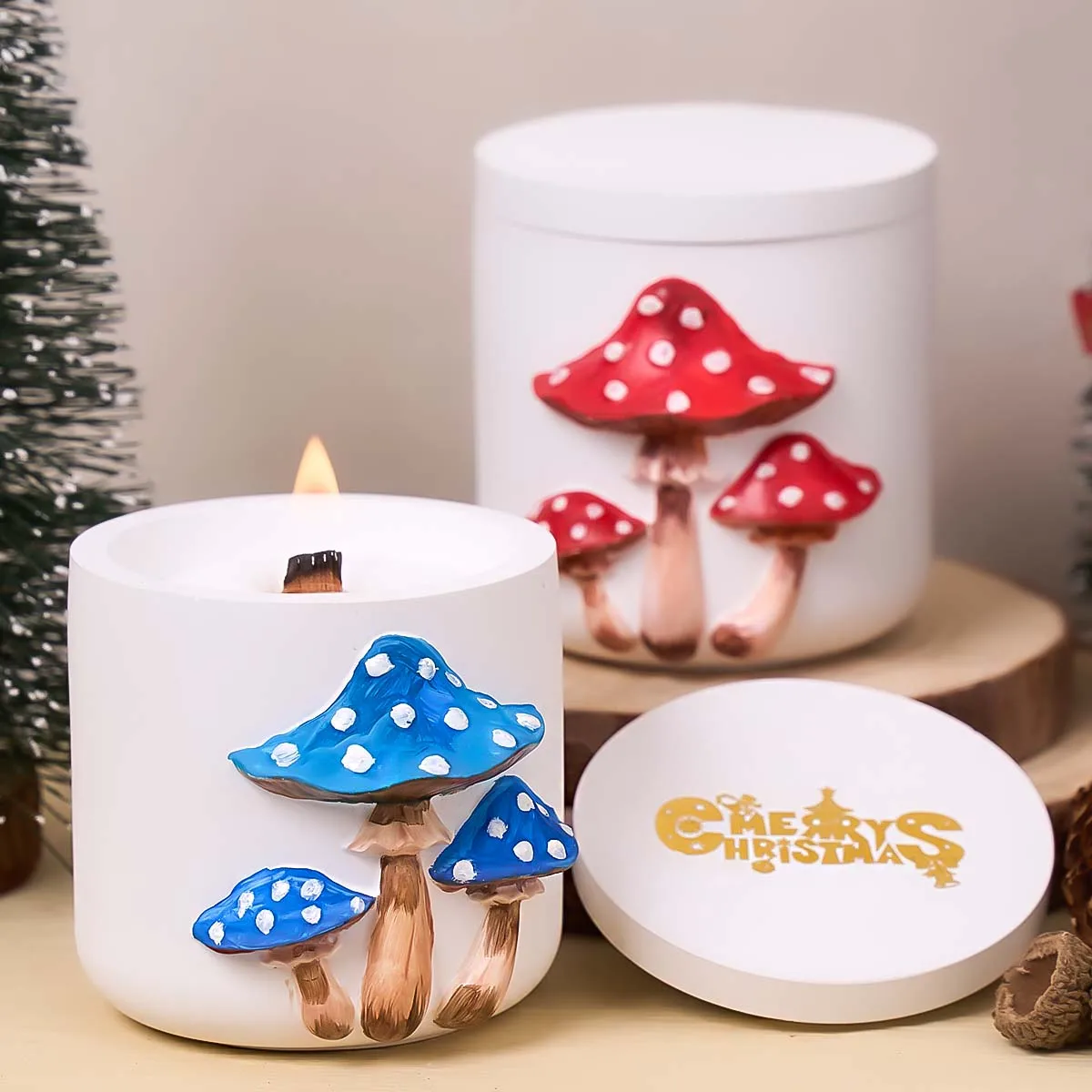 Zylindrische Glas-Silikonform mit 3D-Pilzen-Set, DIY handgefertigtes Design, Duftkerze, Tasse, Aufbewahrungsbox, Gipsform, Bastelgeschenke