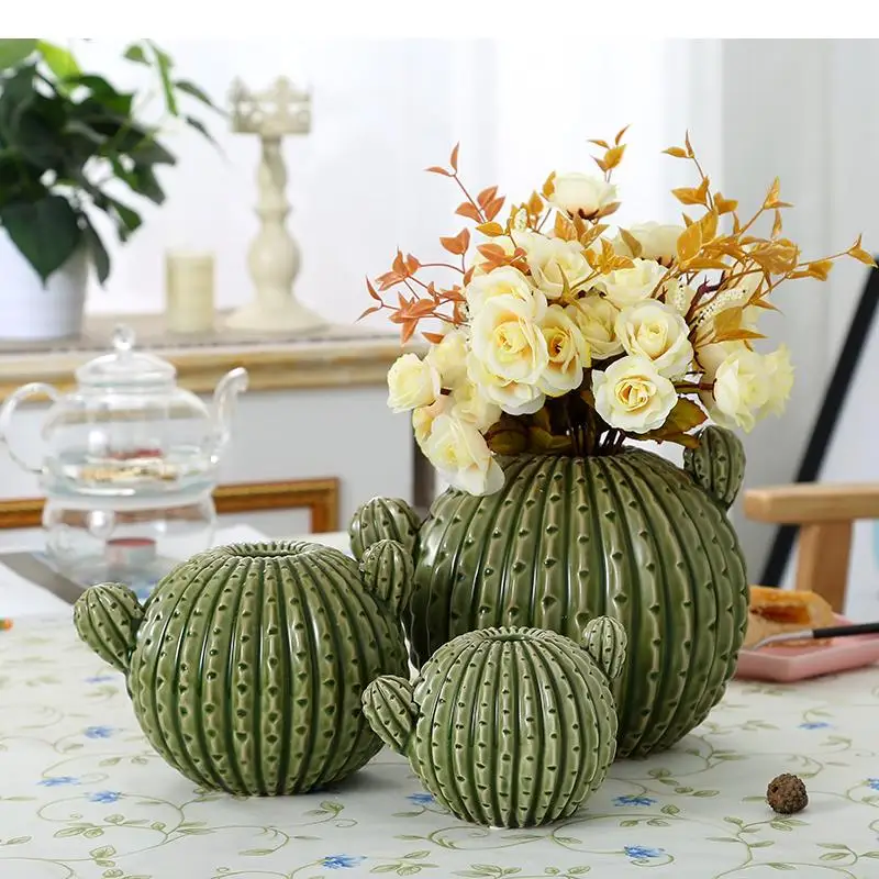 Ceramic Vase Cactus Spines Simulation Plant Flower Arrangement Round Crafts Home Decoration Ornaments