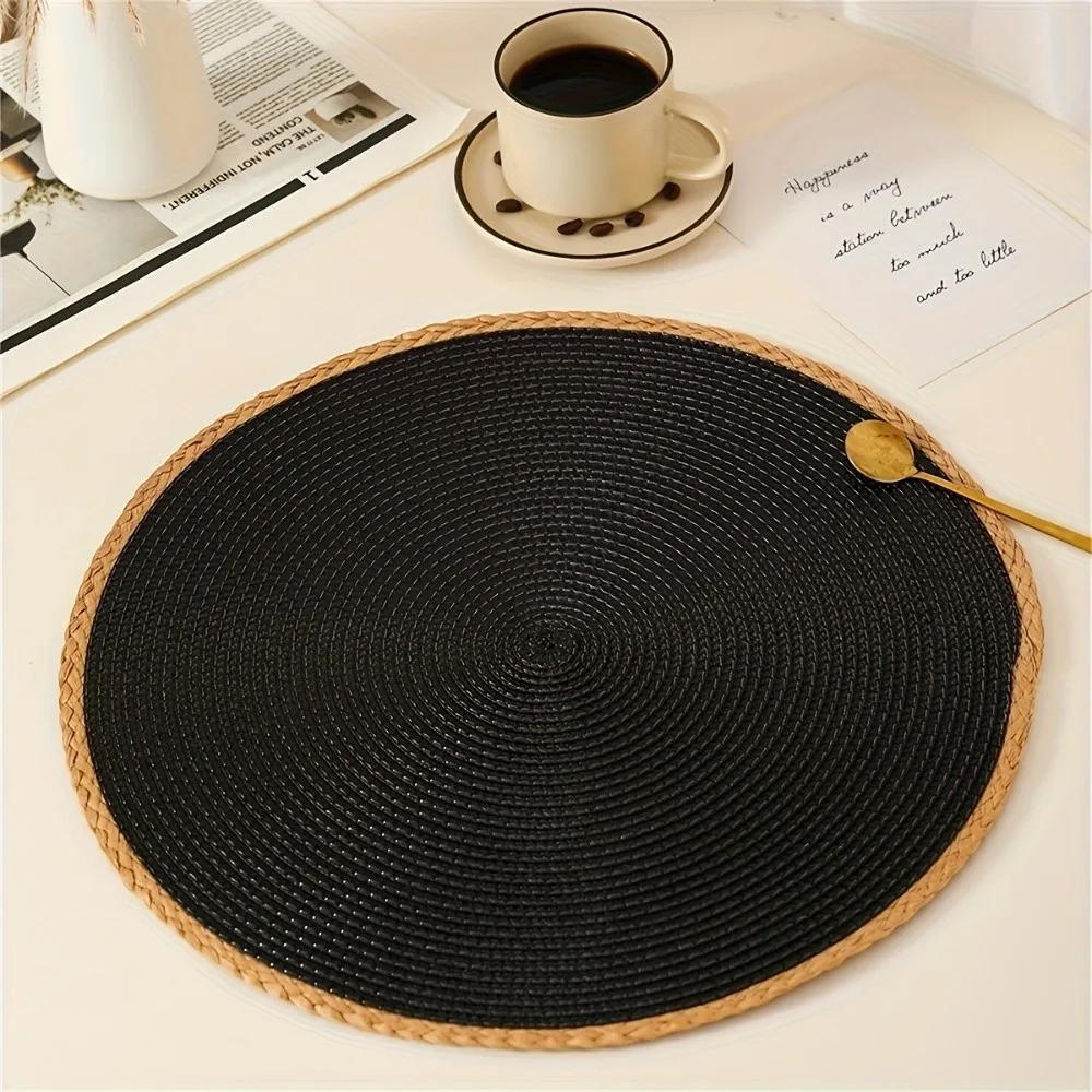 6pcs/set Bohemia Round Woven Placemats 15in Non Slip Boho Braided Table Mats Washable Heat Resistant Woven Dish Mats Coffee Cups