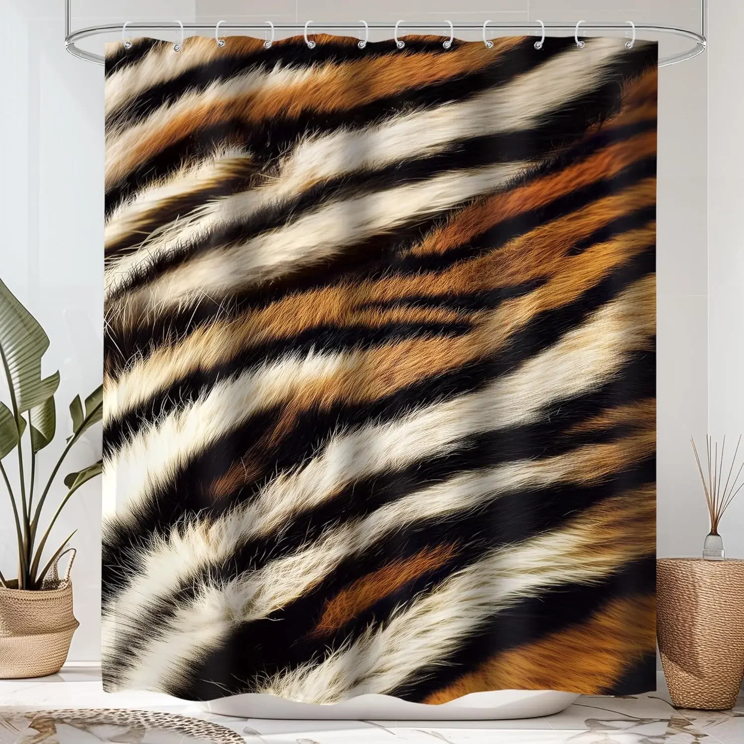 Tiger Print Shower Curtain Wild Safari Black Brown Powerful Panthera Animal Fur Skin Wildlife Cloth Fabric Waterproof Polyester