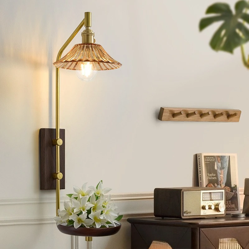 French Vintage Wooden Wall Light Retro Clear Glass LED Wall Sconces Bedroom Hallway Balcony Hotel Creative Shelf Atmosphere Lamp