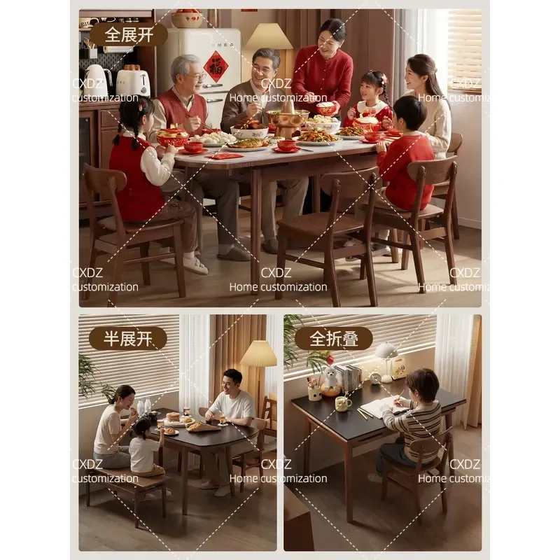 Solid Wood Rock Slab Retractable Dining Table Modern Simple Folding Design for Small Households Space Saving Extendable