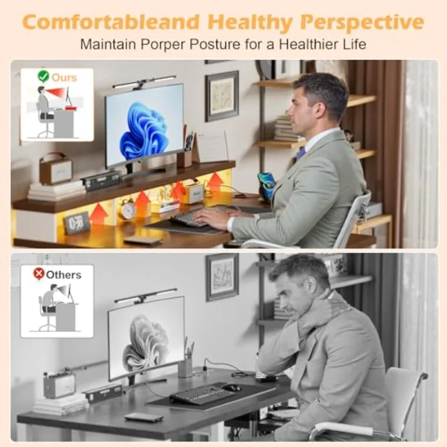 مكتب كمبيوتر مقاس 61.2 بوصة مع مكاتب طاقة للدرج ومكاتب مكتب مريحة للمزرعة مع حامل شاشة طويل وطاولة حاسوب خشبية #3