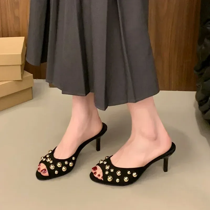 Studded Peep Toe Mules Stiletto Slip on Gold Rivets Decor Classic Sexy Women Summer Sandals Dress Party Daily Casual Single Shoe