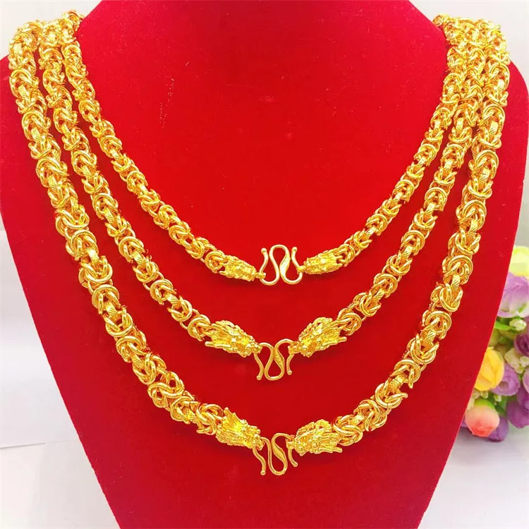 

24K Gold Dragon Head Men's Necklace, AU999 Pure Gold - New Polished + Sand Gold Cloth Style, Dragon Head Face Texture
