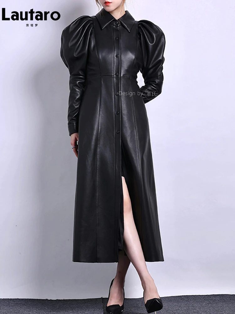 Lautaro Spring Autumn Long Luxury Elegant Retro Black Soft Pu Leather Trench Coat for Women Puff Sleeve Runway Fashion 2023