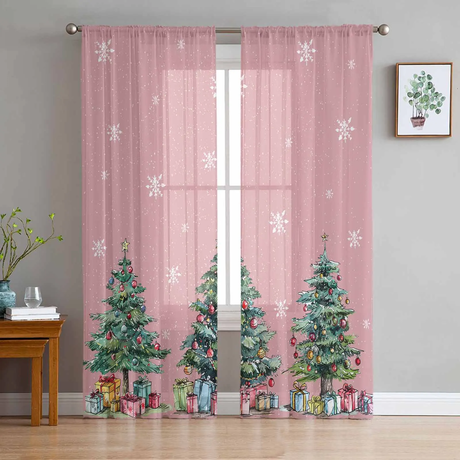 

Christmas Tree Gifts Chiffon Sheer Curtains for Living Room Bedroom Decor Kitchen Window Voiles Tulle Curtain