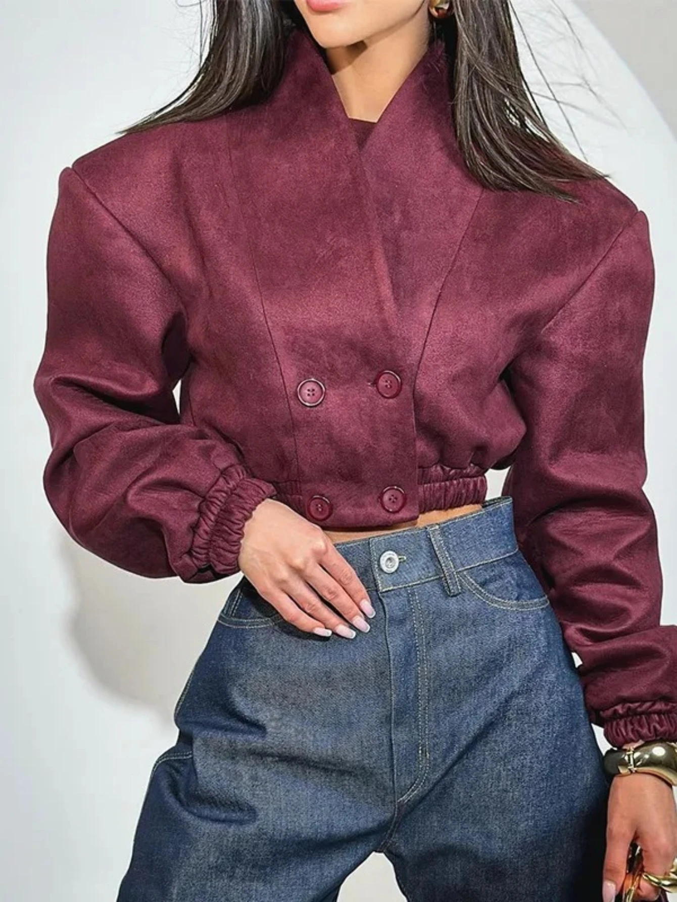 

Женский топ с V-образным вырезом и двойной застежкой на пуговицах, однотонный, с длинными рукавами, модный, винно-красный, приталенный крой