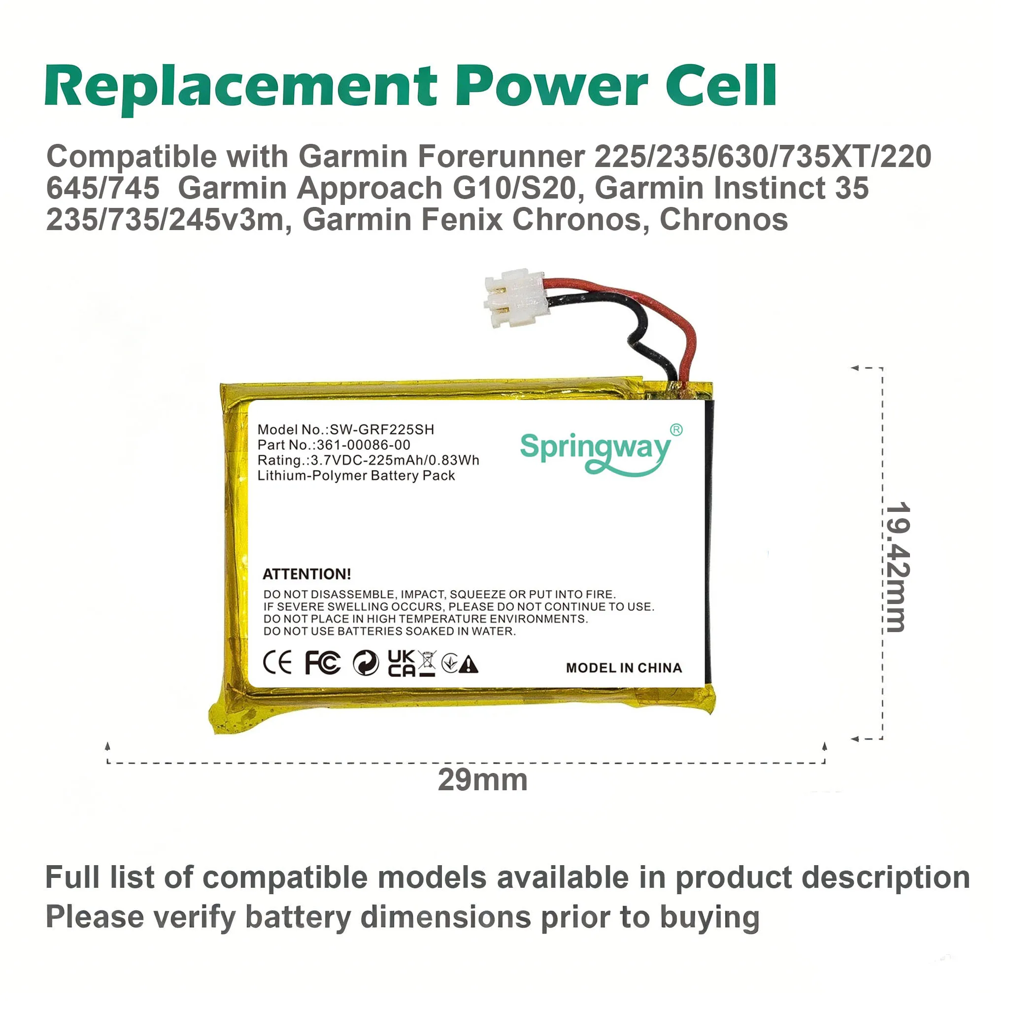 Battery For Forerunner 225 235 630 735XT 220 645 745 Sport Watch Band - 361-00072-00 361-00072-10 361-00086-00 361-00086-10