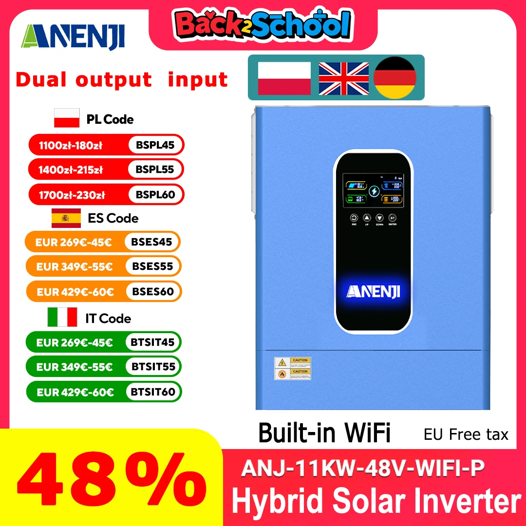 Inverter solare ibrido 11KW 6.2KW 48V 230V Onda sinusoidale pura Off/On Grid Inverter PV 500V 160A MPPT Caricatore solare Doppia ingresso fotovoltaico