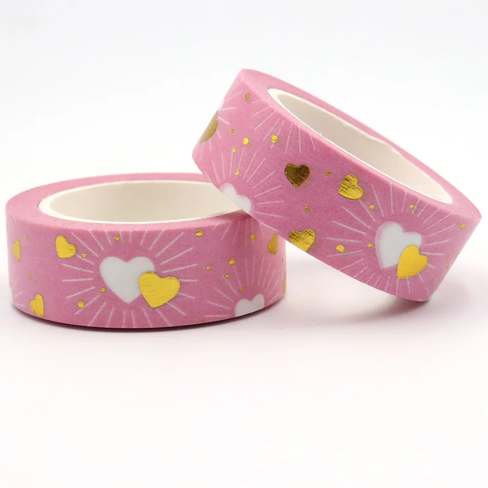 NEW 10pcs/Lot 15mm*10m Gold Foil Pink Golden Heart Love Decorative Washi Tape Stationery Colourful Tape Office Supplies