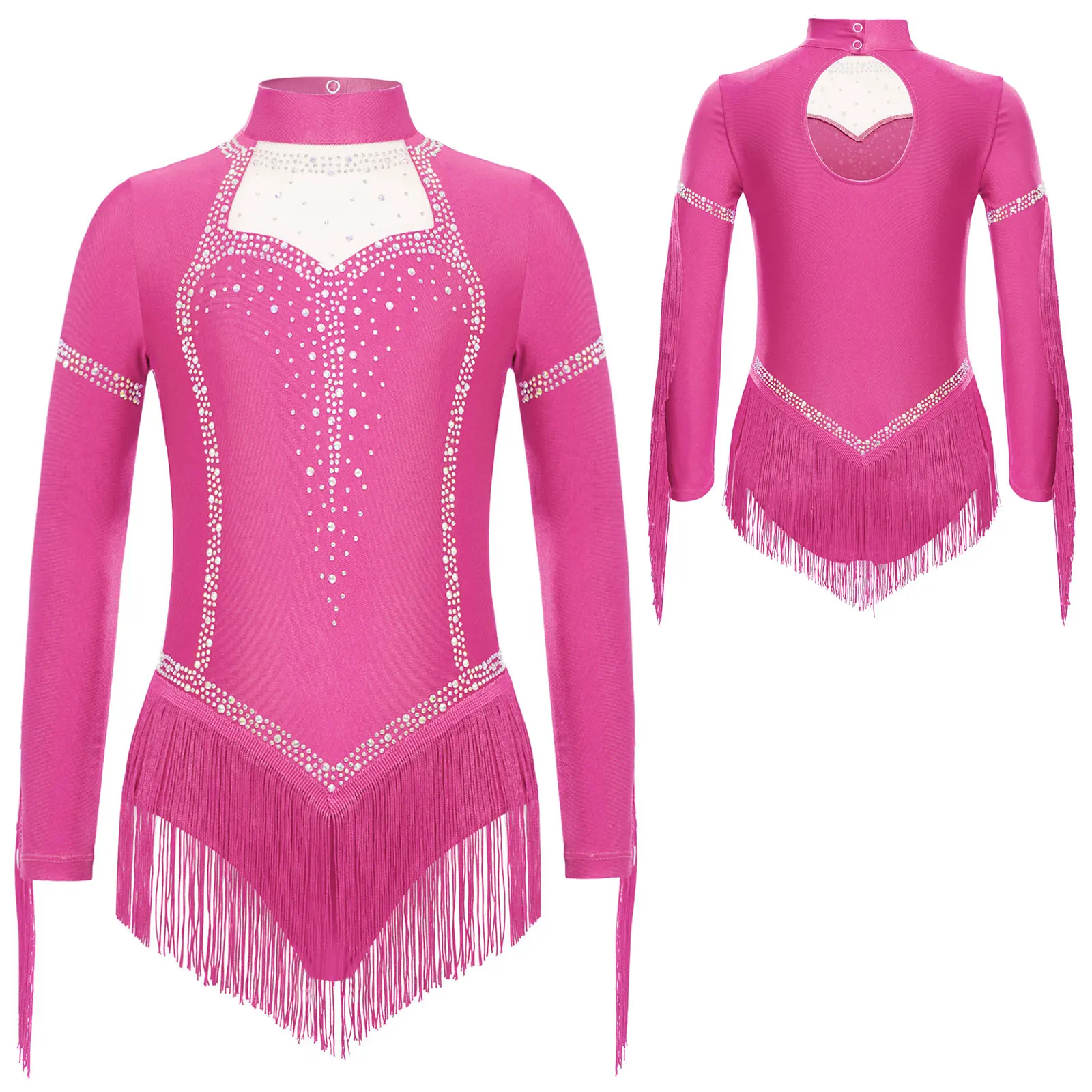 Girls Long Sleeve Fringe Latin Ballet Dance Jumpsuit Rhinestones Tassels Figure Skating Gymnastics Leotard Tango Cha-Cha Costume