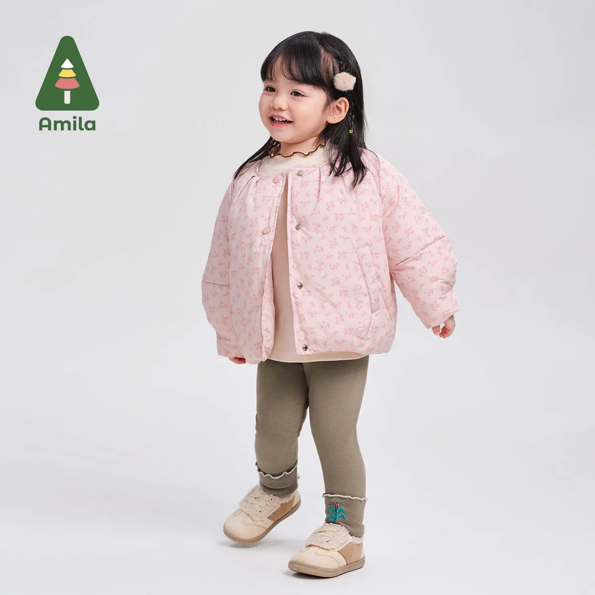 Amila Baby Cotton Clothes 2024 Winter New High Quality Girls Solid Color Round Neck Cute Soft Warm Casual Loose Children‘s Coat