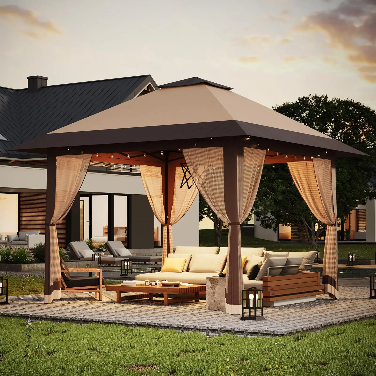 13 x 13 Ft Canopy Tent, Pop-Up Gazebo Canopy with 4 SandBags & Mosquito Netting, One-Push Setup, Height Adjustable, Outdoor Gazebo for Backyard & Patio, Khaki & Coffee