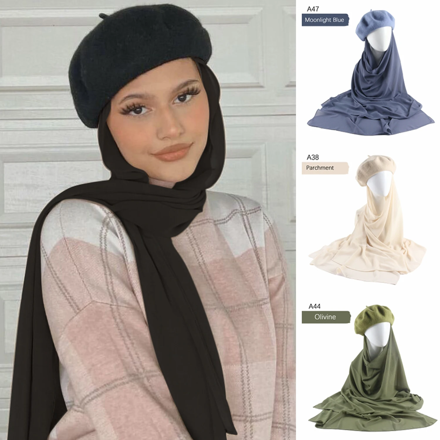 Baret Phẳng Nón Voan Hijabs Musilm Nữ Phong Cách Pháp Mũ Nồi Nón Với Voan Hijab Liền Voan HIjabs Có Nón