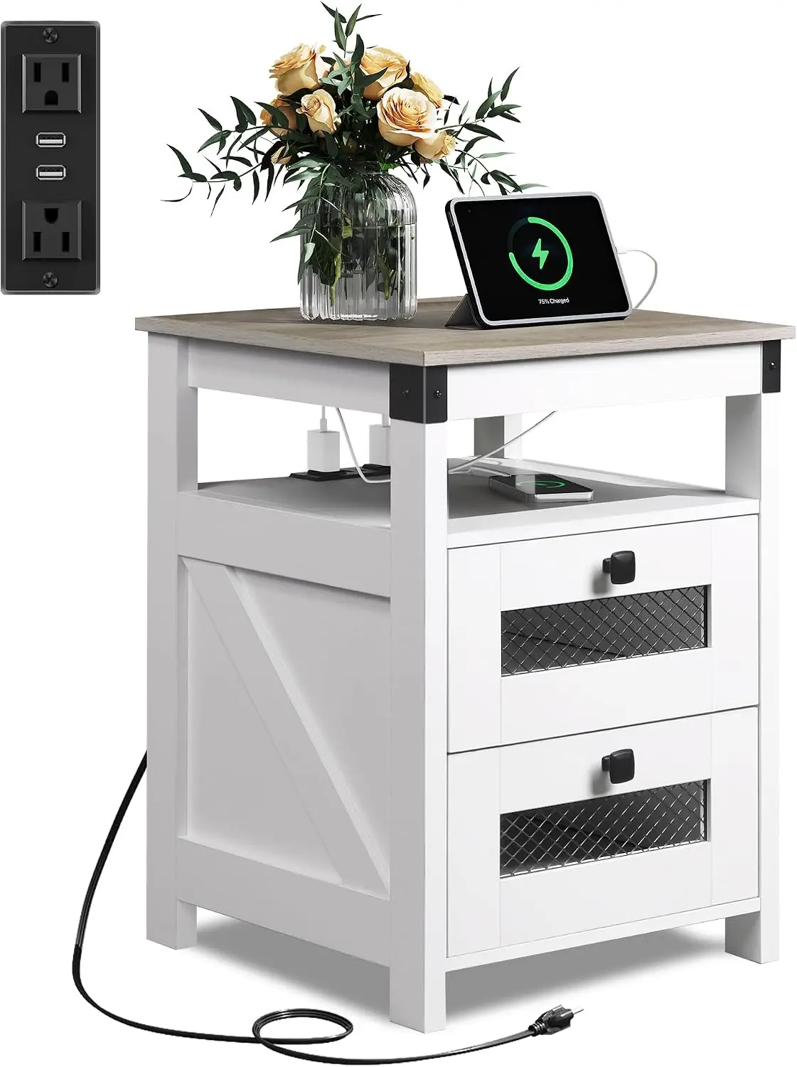 Nightstand Charging Station End Table 2 Drawers Open Shelf Wood White Greige Bedroom