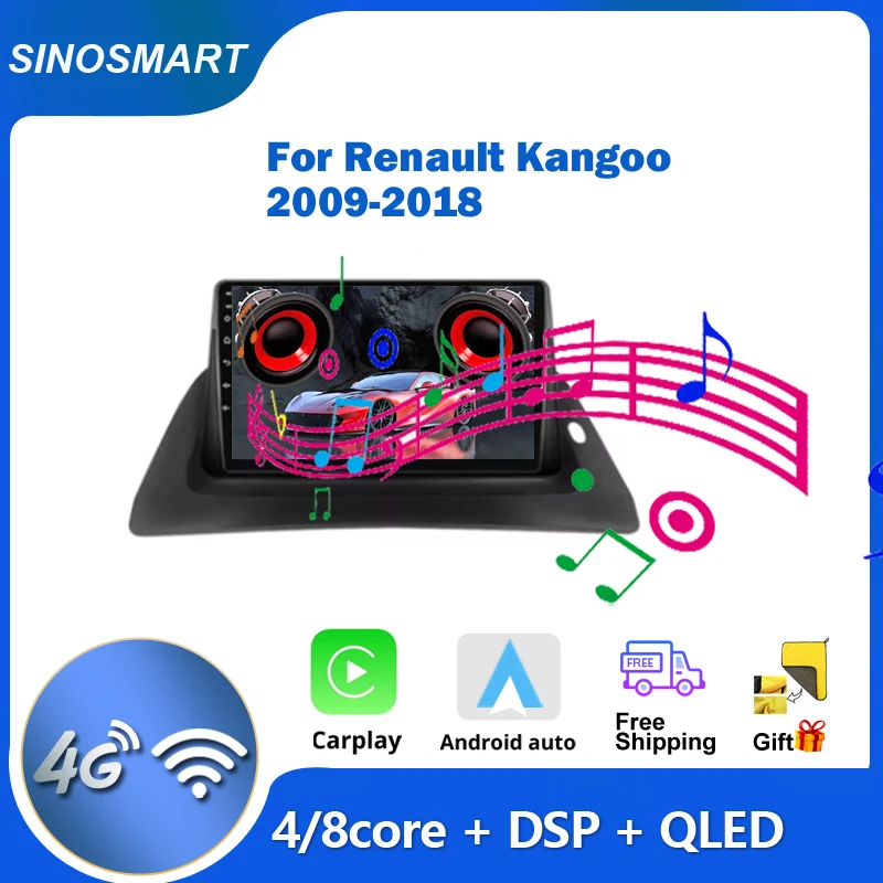 SINOSMART Android GPS for Renault Renault Kangoo 2009-2018 Radio Audio 8 Core CPU, QLED DSP 4G LTE CarPlay AndroidAuto