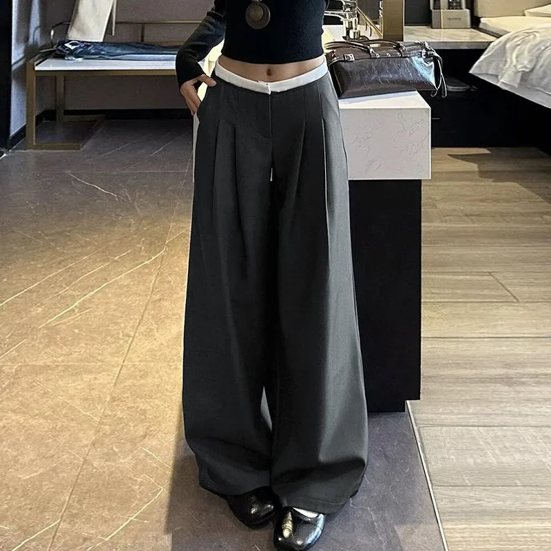 Women Low Waist Wide Leg Suit Pants Contrast Waistband Pleated Loose Floor Length Casual Trousers For Autumn