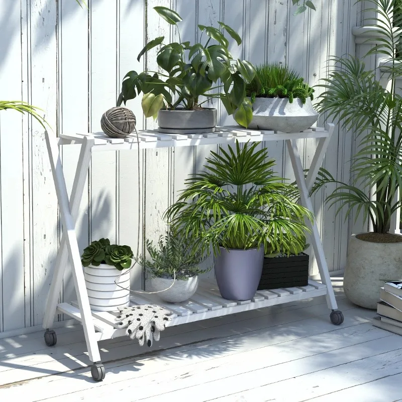 Anticorrosive wood movable flower stand Balcony floor-to-ceiling succulent multi-layer flower pot shelf Living room rack