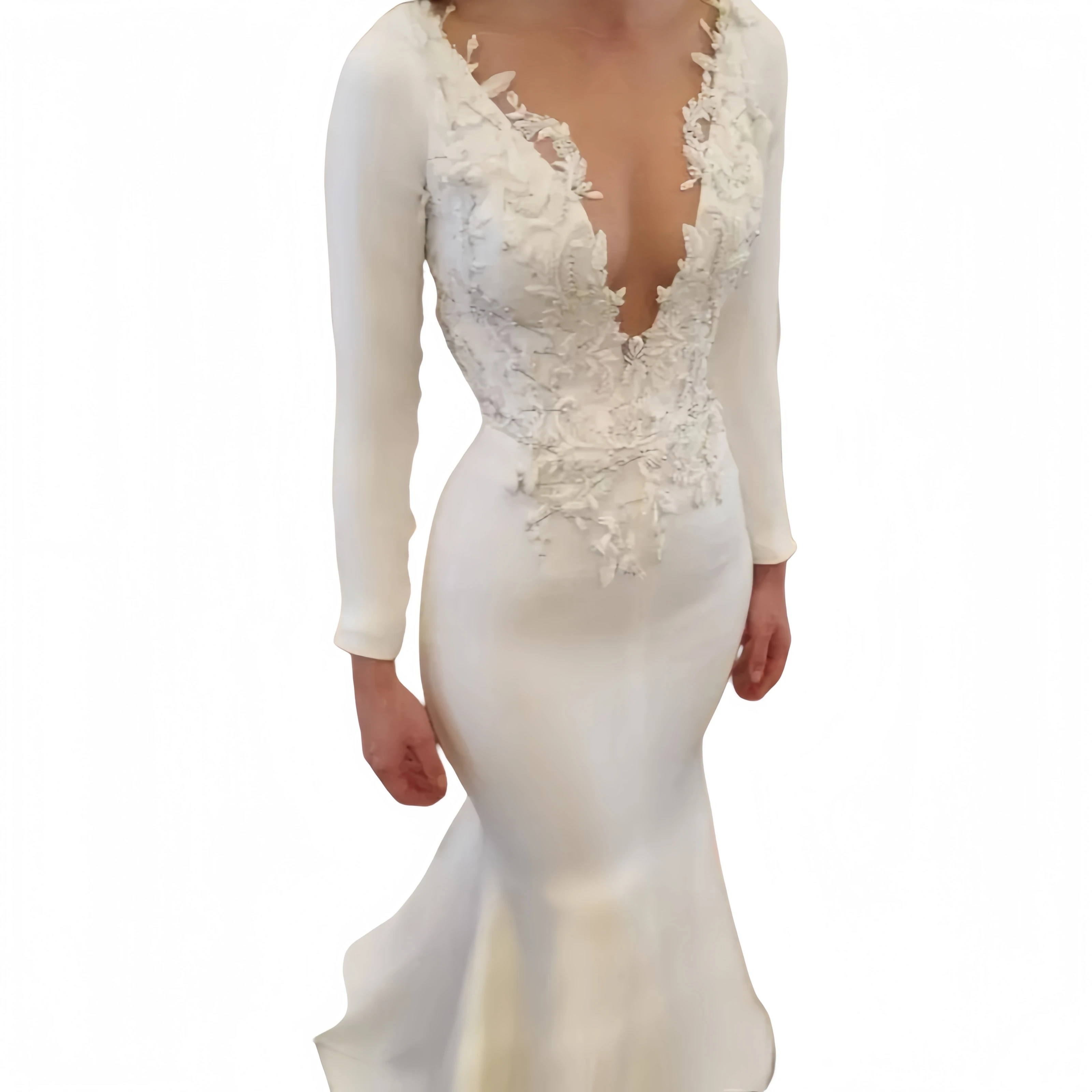 ロングトレーンシンプルマーメイドウェディングドレス透明ディープVネックフルスリーブサテンブライダルドレスカスタマイズ