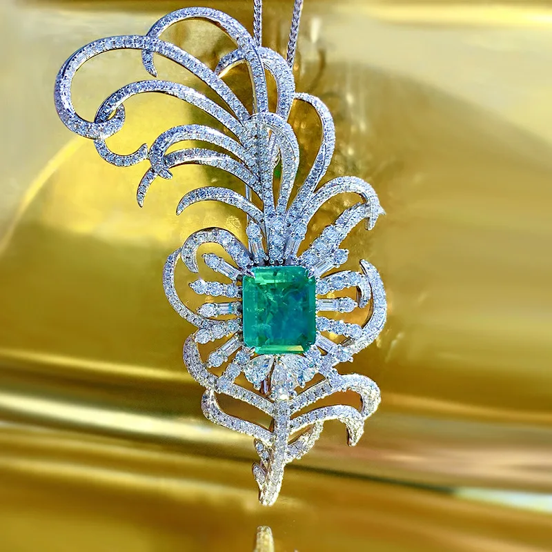 

ZOCA-Artificial Emerald Feather Brooch for Women, Inlaid Back Cover Design, Luxury Jewelry, New 925 Silver, 10*12