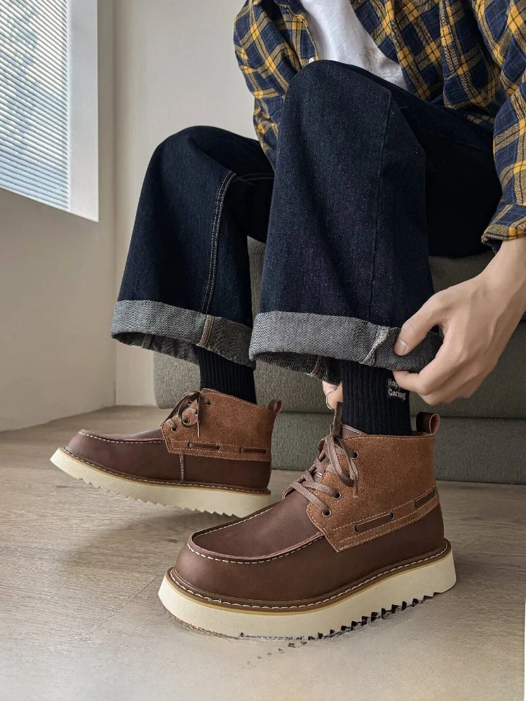 

Men's Outdoor Workwear Boots Leather Patch Anti-slip Large Sole Autumn Winter Fashionable Booties round Toe Short Tube