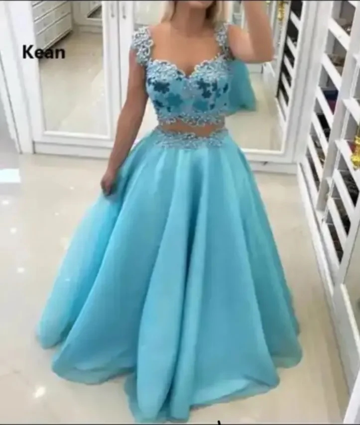 

Sky Blue Two Piece Evening Dress Applique vestido de festa Islamic Dubai Kaftan Saudi Arabic Evening Prom Dress