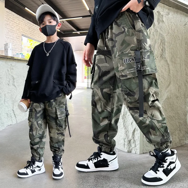 Kids Camouflage Jogging Pants Streetwear Cotton Cargo Trousers Harajuku Casual Joggers Spring Fall for Boys Clothes 6 to 14 Year