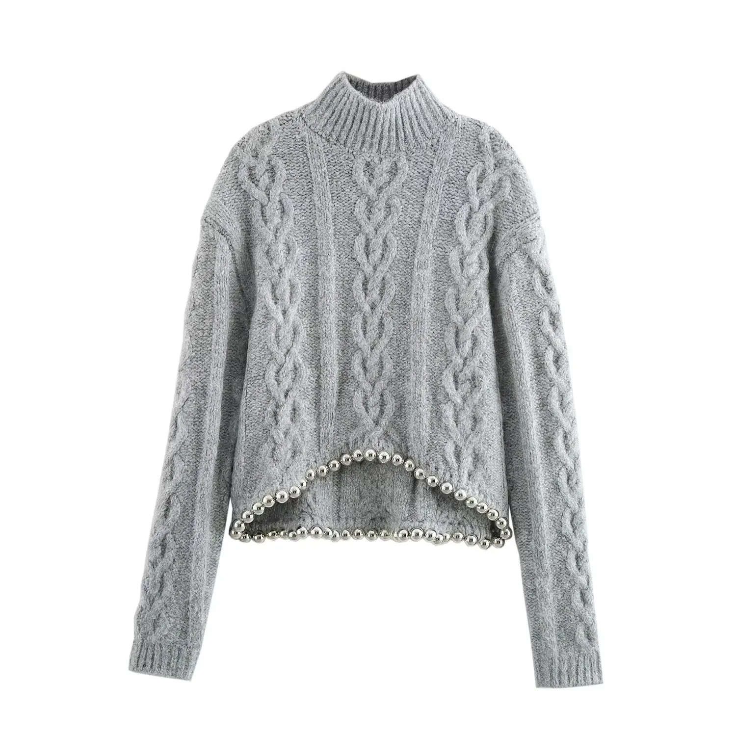 European and American style new high collar hem ball decoration design eight-strand woven pullover sweater