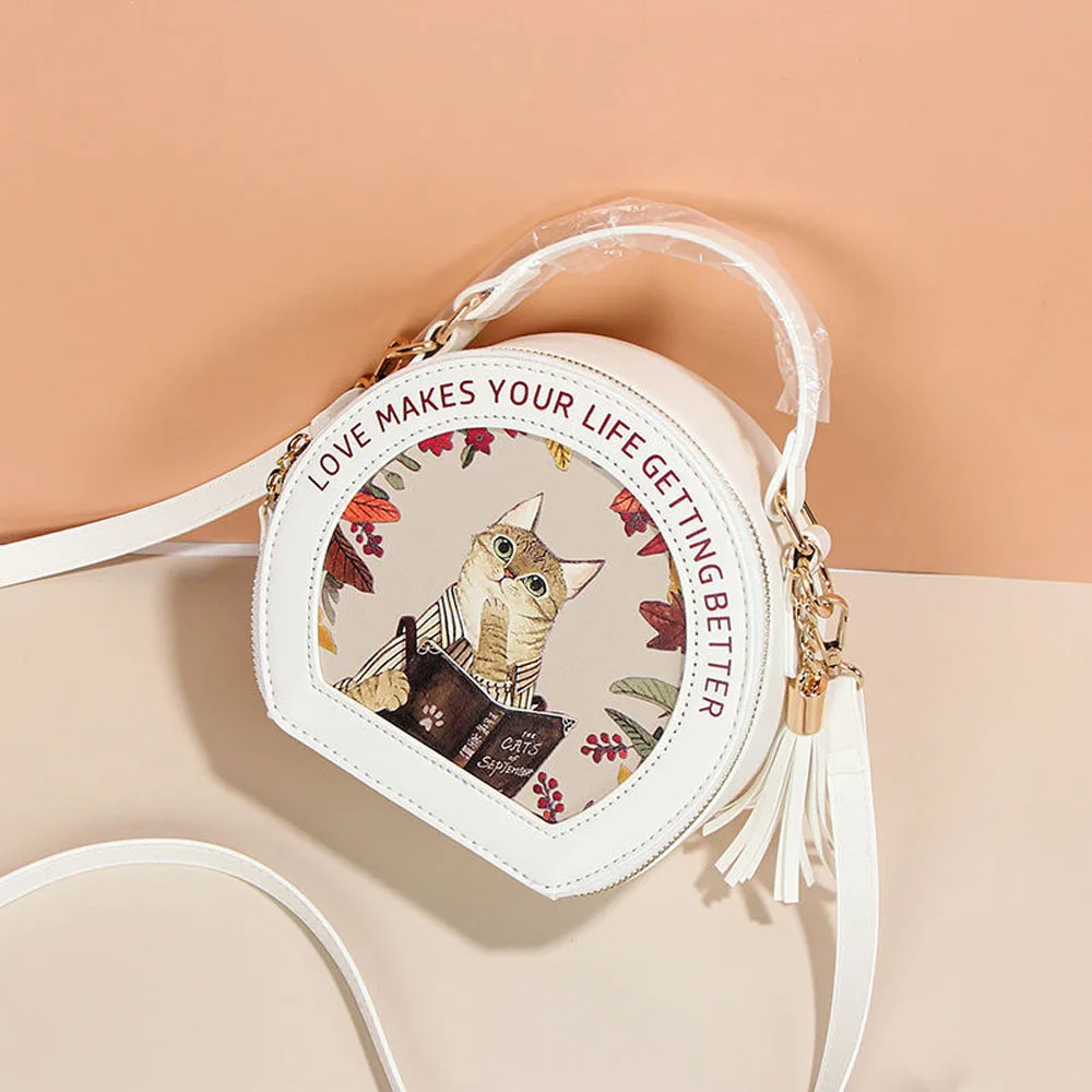 Cute Cat Small Round Bag Ladies Shoulder Bag Crossbody Bag Women's Fashion Butterfly Print Casual HandBag