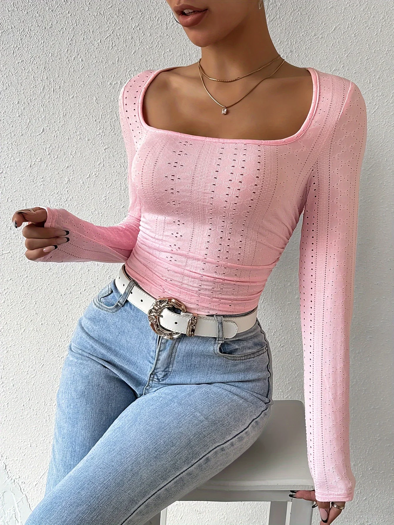 2024 Spring Summer New Fashion Pink Clothing Women's Sexy Tight Fitting Square Neck Long Sleeved Hollow out T-shirt