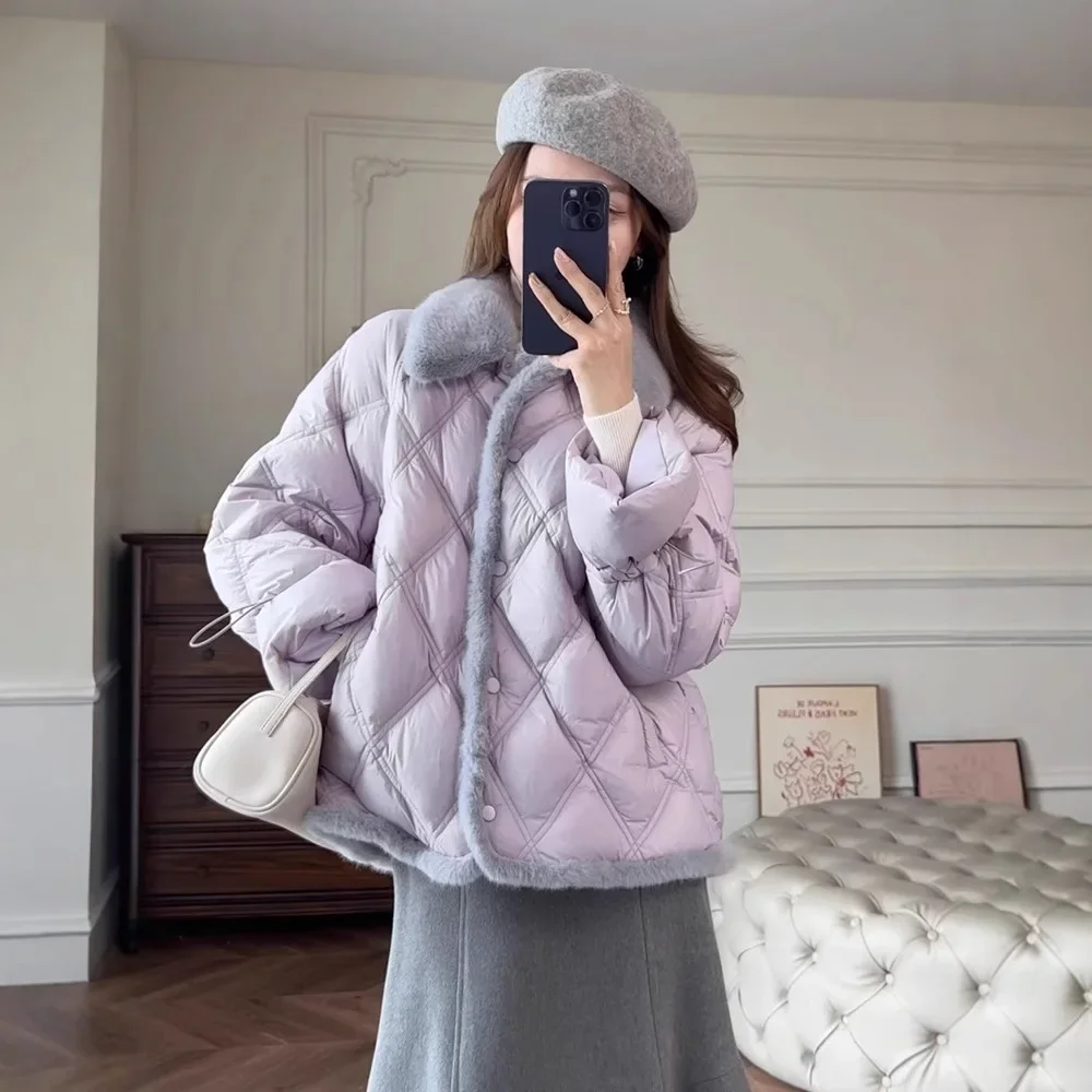 

Зима 2025 г., новая мода, фиолетовая твидовая рубашка, хлопковое стеганое пальто для женщин, укороченный комплект платьев