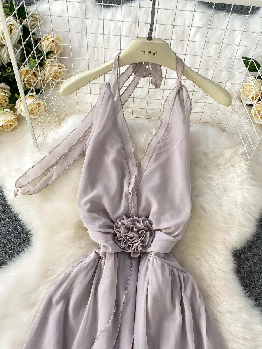 Foamlina praia férias sexy sem costas com decote em v vestido feminino verão 3d floral cinched cintura gravata flor bodycon fenda chiffon vestido