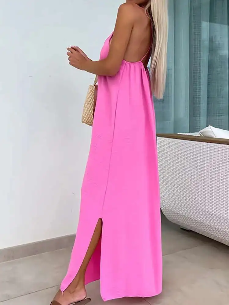 

Женское повседневное лоскутное макси с открытой спиной, летнее праздничное однотонное вечернее платье без рукавов, простое модное женское платье с круглым вырезом 2025 года