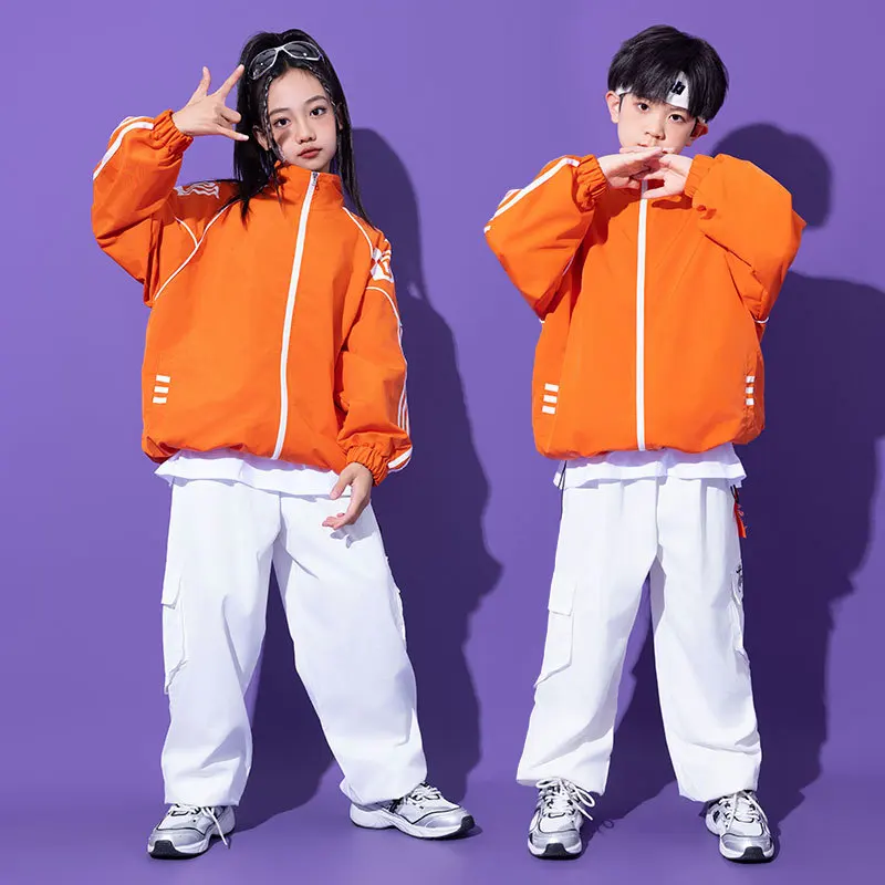 Kids Jazz Street Dance Costume Set Boys Fashion Orange Long Sleeved Jacket White Pants Set