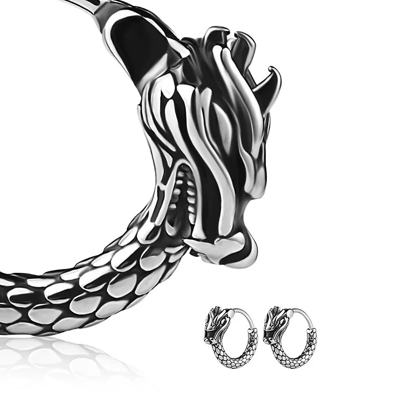 1PC Dragon Skull Hoop Earring Men Women Retro Punk Silver Color Stainless Steel Minimalist Hip Hop Ear Jewelry Halloween Gifts