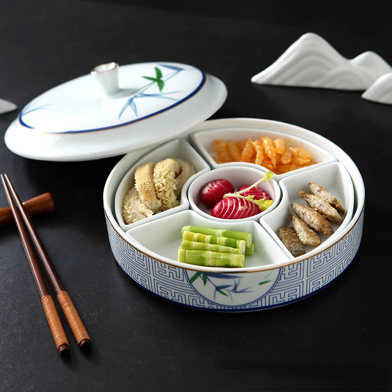 Chinese Delicate Divided Penh Small Food Box Artistic Conception Creative Five Grid Cold Dish Combination Ceramic Dessert Plate