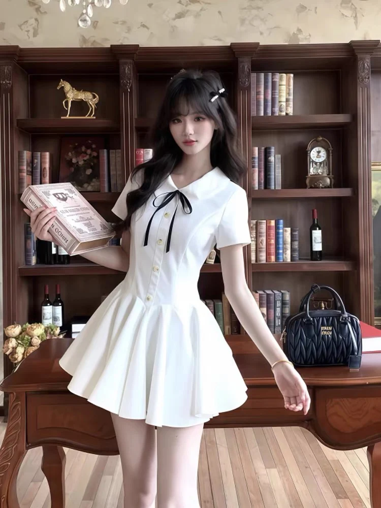 

Юбка женская плиссированная белая с бантом, с завышенной талией, А-силуэт, летняя повседневная, в стиле SYJ Ujia College Sle Doll Collar