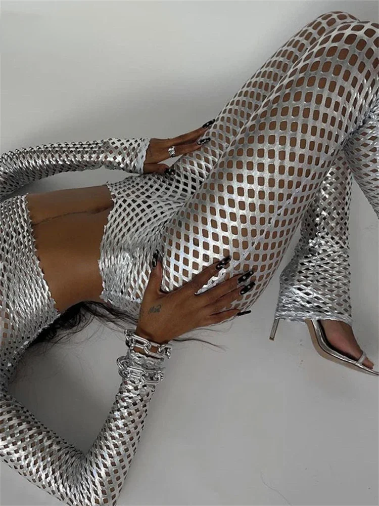 Ensemble de survêtement deux pièces sexy pour femme, streetwear évidé, simple, mince, argent commandé, nouveau, 2024