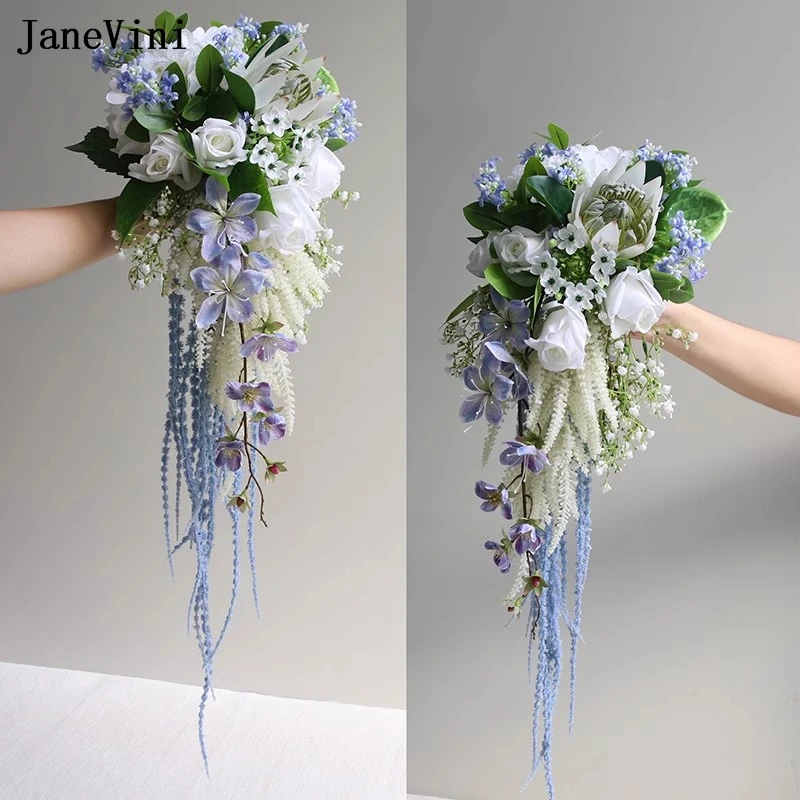 

JaneVini New Blue White Waterfall Bridal Bouquets Artificial Silk Roses Wedding Flowers Cascading Bouquet Accessories for Bride
