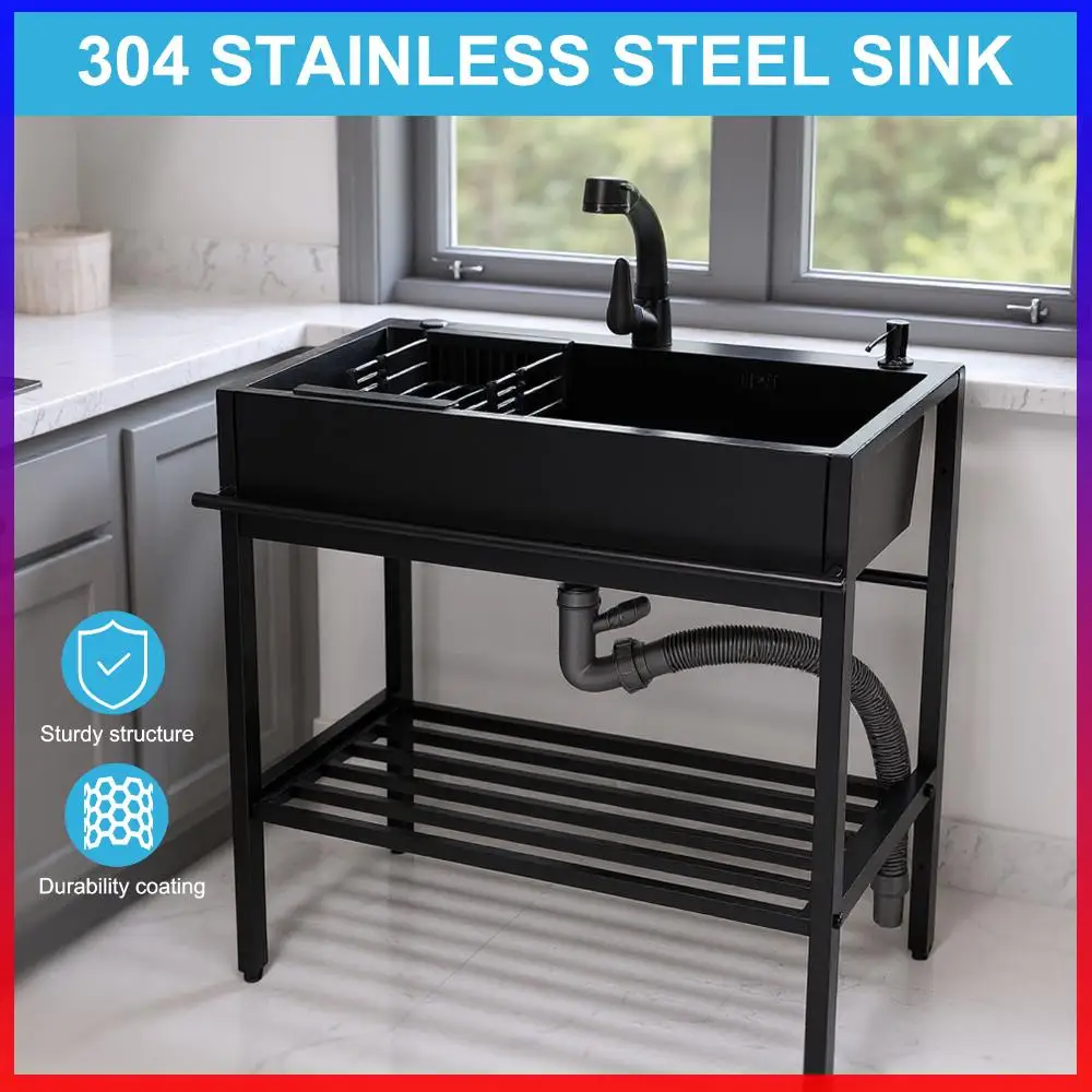 

Single Bowl Kitchen Sink with Cold & Hot Water Faucet Hoses and Drain Kit Freestanding Sink for Kitchens Laundry Room Garage