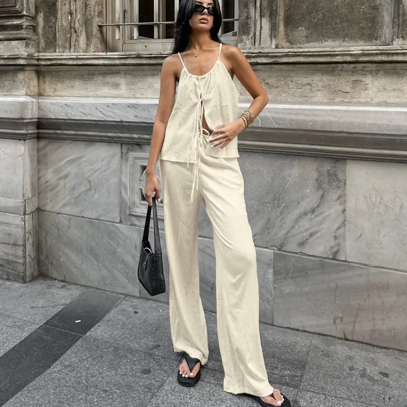 

Women's Summer Trouser Set Casual Lace-up V-Neck Top High Waist Pant Sets Female Loose Office Lady Pant Sets